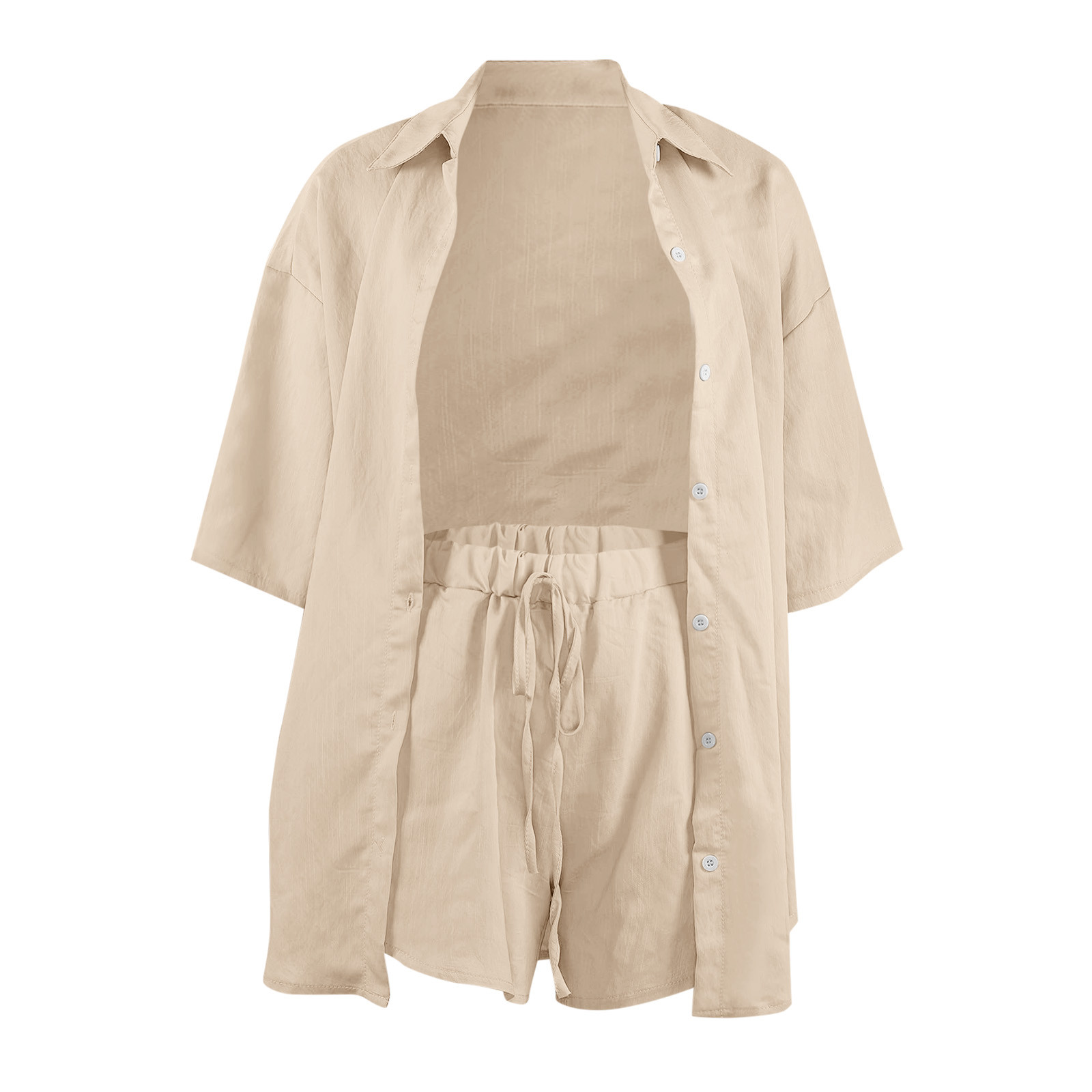 thumbnail image 4 of Conjunto de chándal de 2 piezas para mujer: blusa holgada con botones y pantalones cortos elásticos de cintura alta - Poliéster, color liso, ropa informal/de estar por casa, conjuntos de verano, 4 of 4